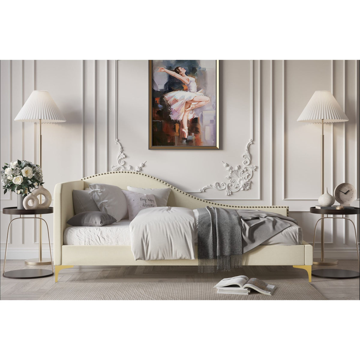Home Design Lorettta Upholstered Daybed with Sloped Back and High Arm, Nailhead Trim – Adult Guest Room, Bedroom, and Living Room, Easy Assembly