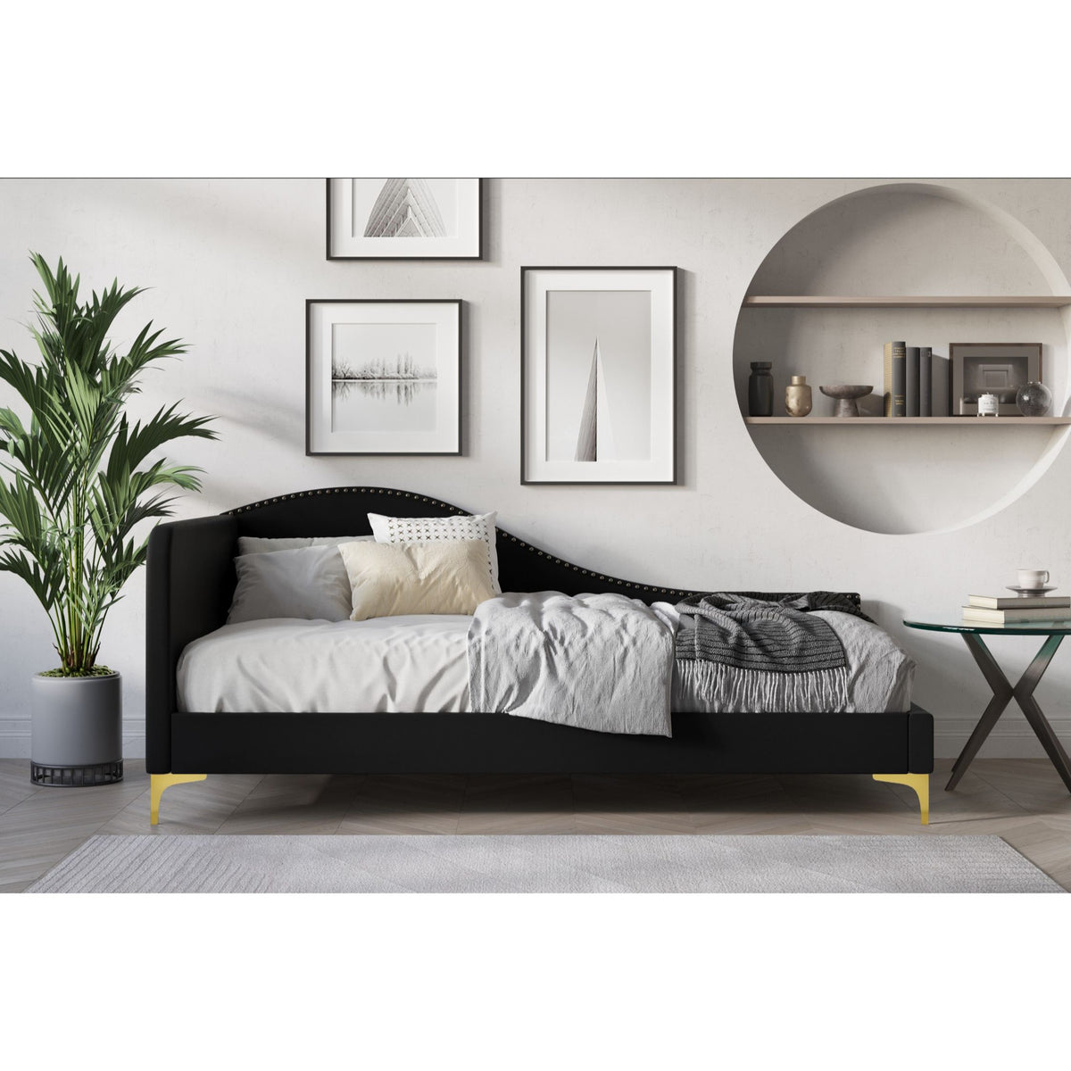 Home Design Lorettta Upholstered Daybed with Sloped Back and High Arm, Nailhead Trim – Adult Guest Room, Bedroom, and Living Room, Easy Assembly