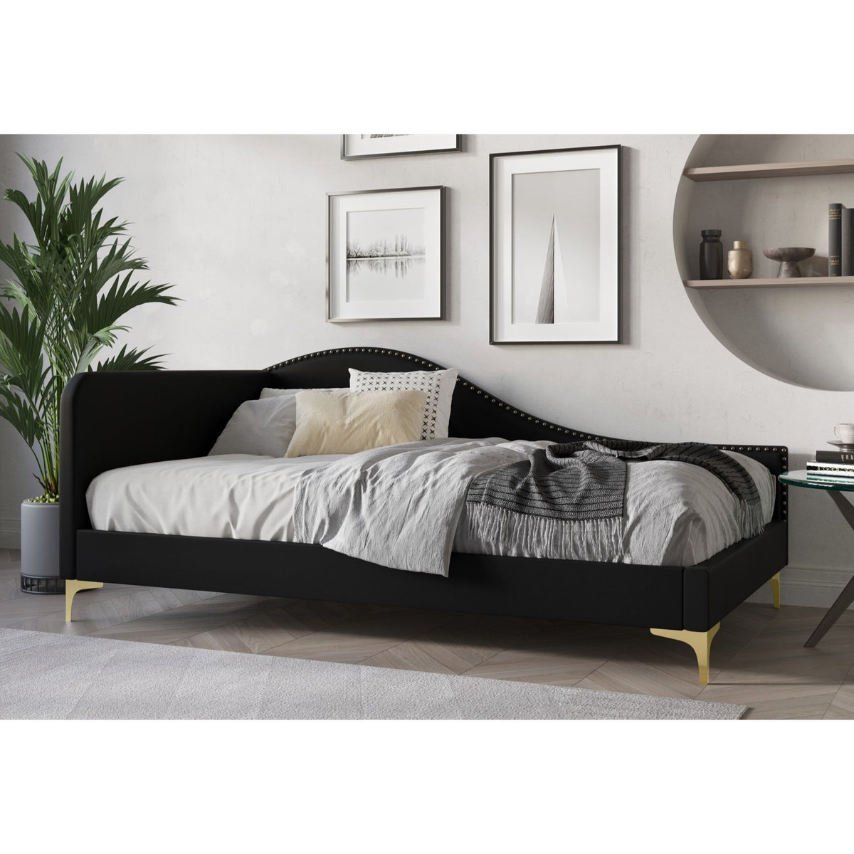 Home Design Lorettta Upholstered Daybed with Sloped Back and High Arm, Nailhead Trim – Adult Guest Room, Bedroom, and Living Room, Easy Assembly