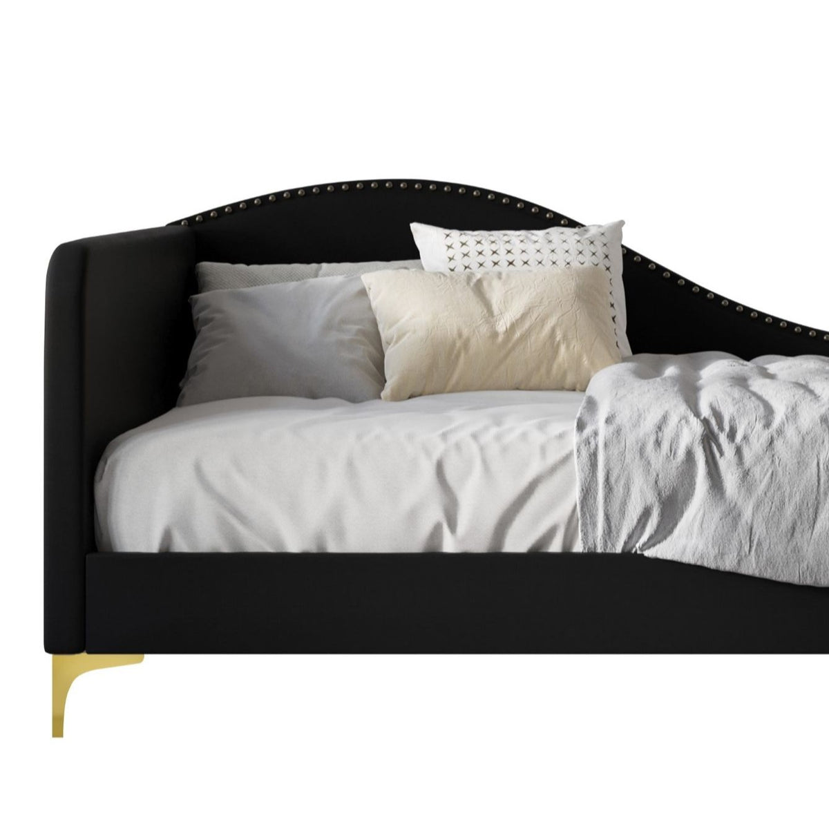Home Design Lorettta Upholstered Daybed with Sloped Back and High Arm, Nailhead Trim – Adult Guest Room, Bedroom, and Living Room, Easy Assembly