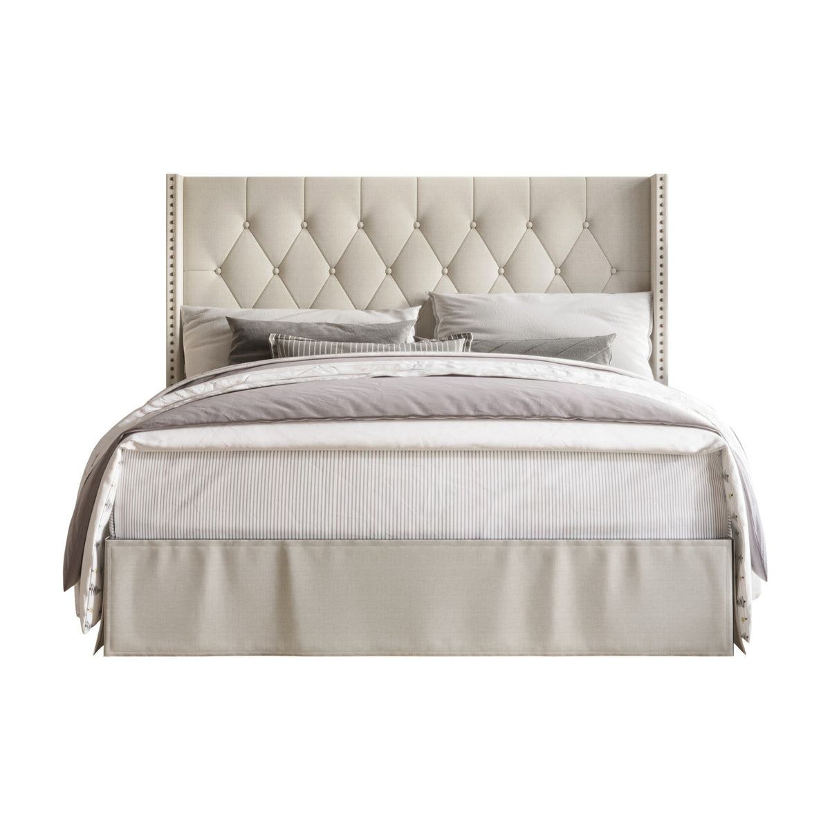 Home Design Billy Upholstered Panel Bed Frame with 2 Nightstands, Warm Gray/Light Gray