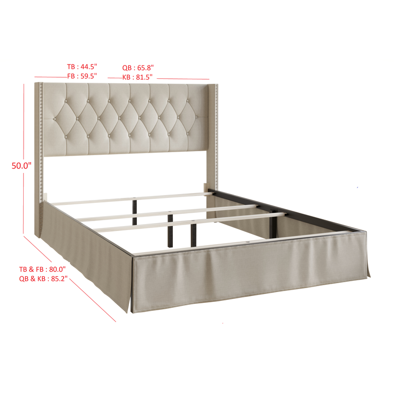 Home Design Billy Upholstered Panel Bed Frame with 2 Nightstands, Warm Gray/Light Gray